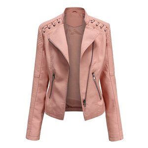 Women Faux Leather Jacket PU Slim Moto Biker Coat, Pink, XXL